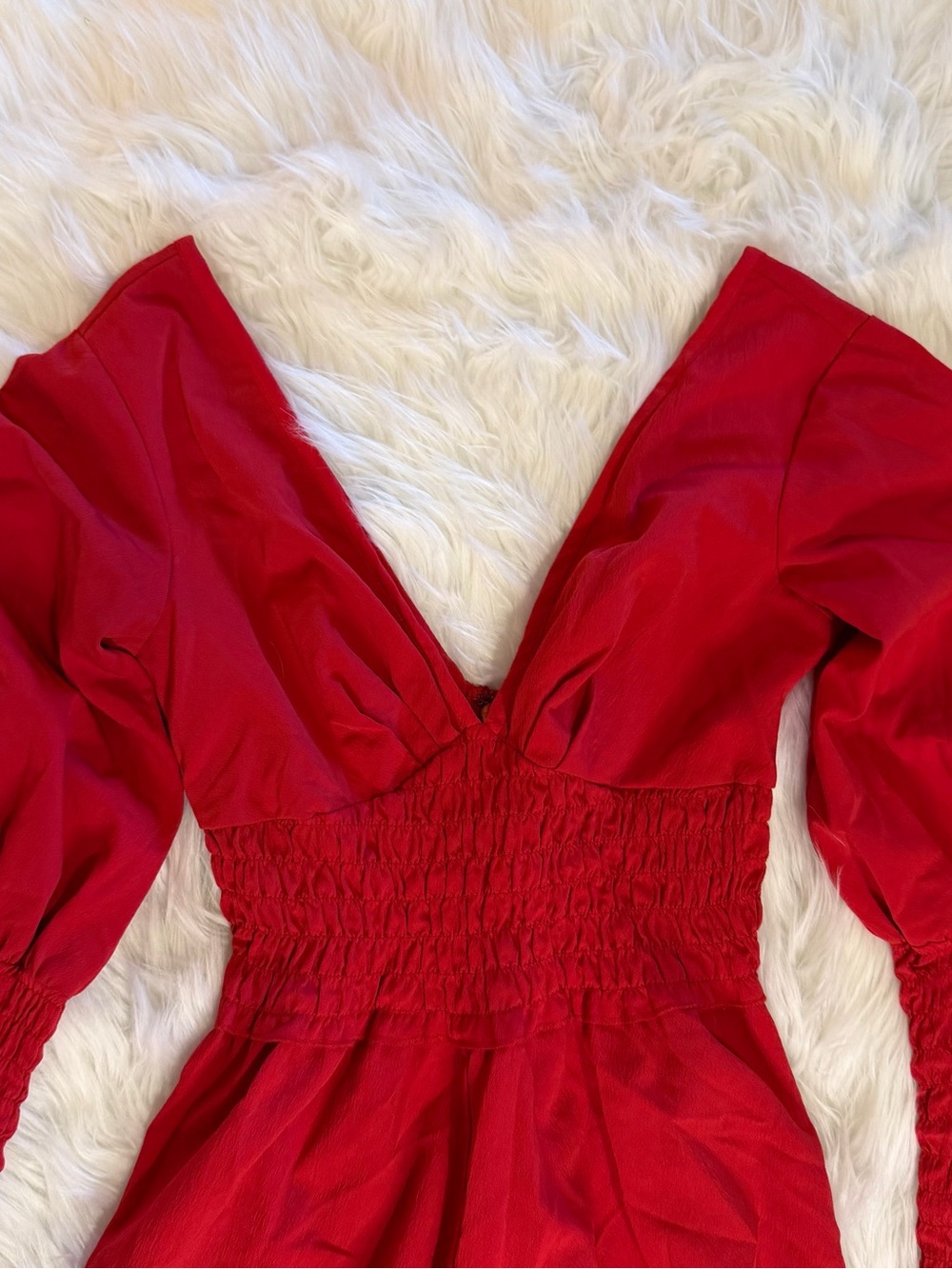 ASOS Red Plunge Neck Smocked Waist Long Sleeve Romper US 2 - Picture 3 of 13